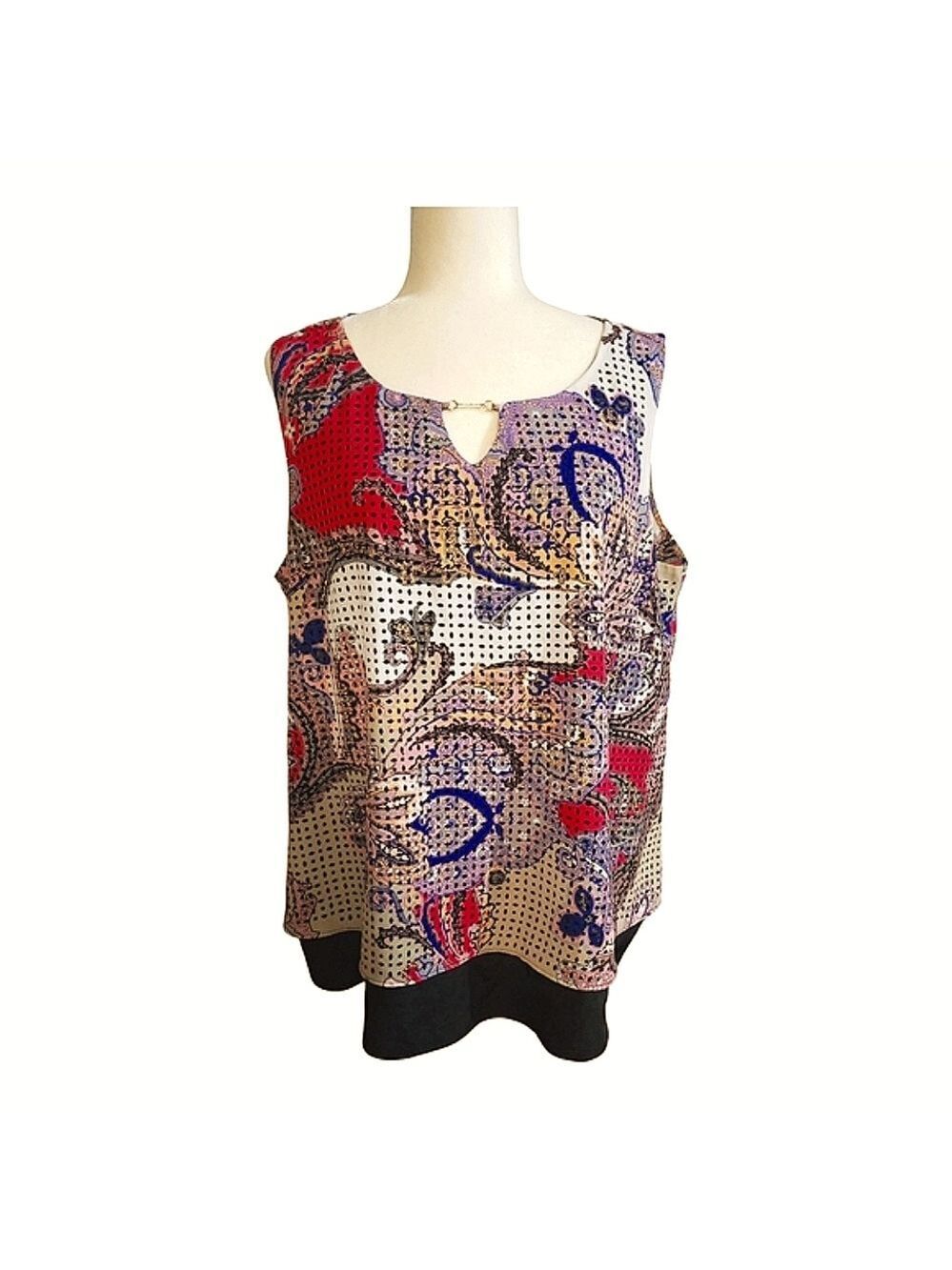 Dana Buchman Red Blue  and Beige Sleeveless Cut Out Tank Top